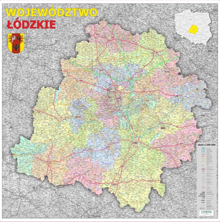 Województwo łódzkie 1:200 000. Mapa ścienna administracyjno-drogowa