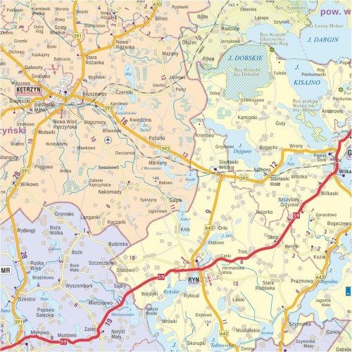 Województwo warmińsko-mazurskie 1:200 000. Mapa ścienna administracyjno-drogowa. Fragment