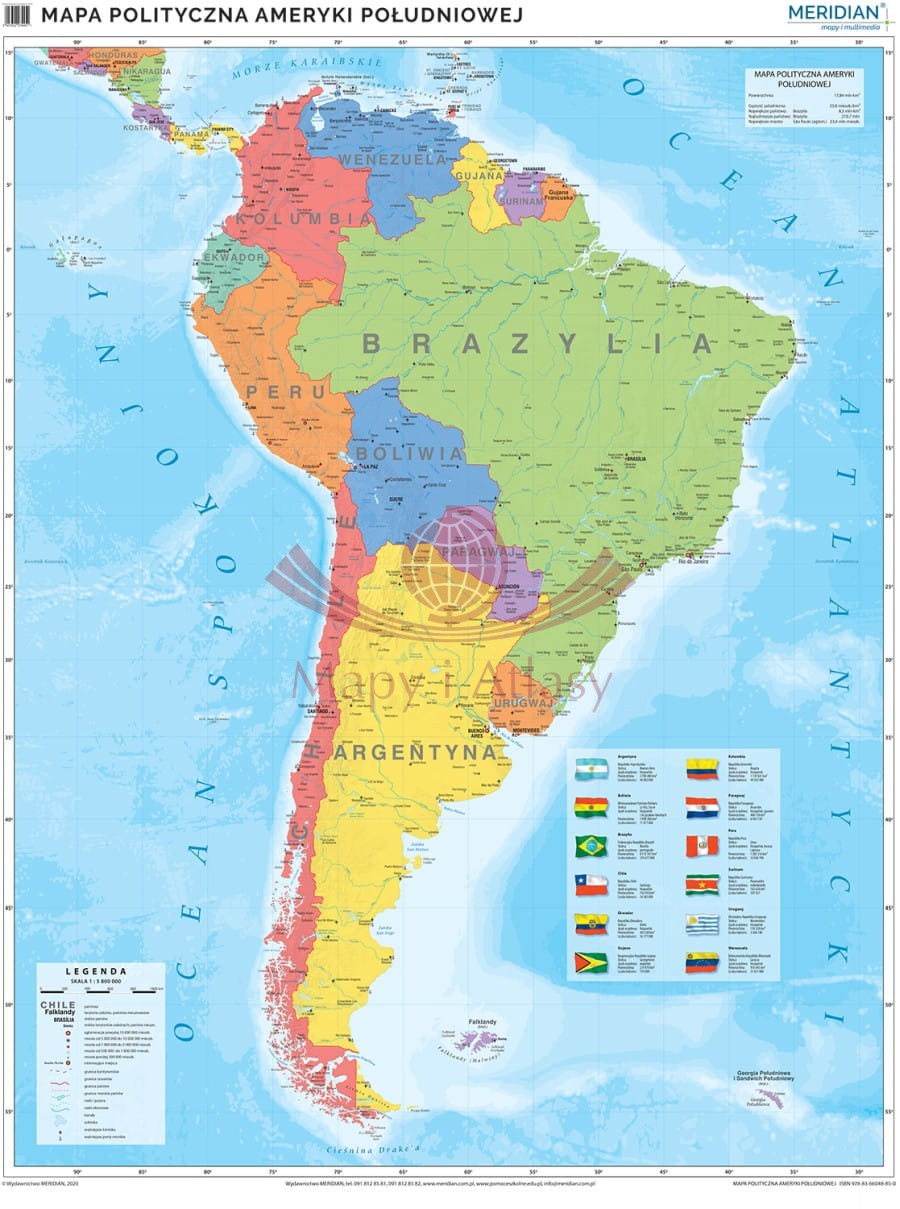 Ameryka Południowa 1:5 800 000. Mapa ścienna polityczna. Drewniane półwałki