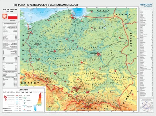 Polska. Fototapeta samoprzylepna. Mapa fizyczna z elementami ekologii. Cała