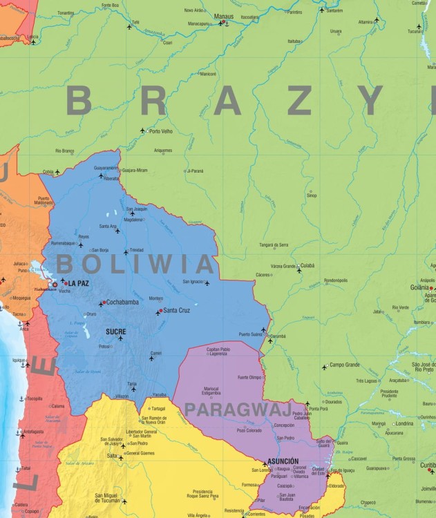 Ameryka Południowa. Mapa ścienna polityczna. Fragment