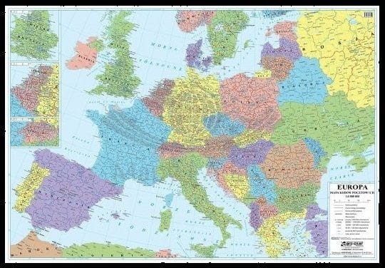 Europa 1:4 000 000. Mapa. Kody pocztowe. Wersja do wpinania