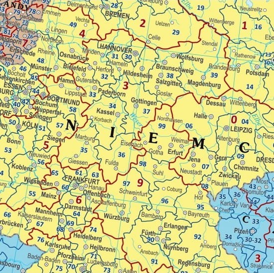 Europa 1:4 000 000. Mapa. Kody pocztowe. Wersja do wpinania. Wydawnictwo: Eko-Graf. Fragment 4