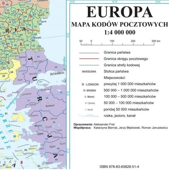 Europa 1:4 000 000. Mapa. Kody pocztowe. Wersja do wpinania. Wydawnictwo: Eko-Graf. Legenda