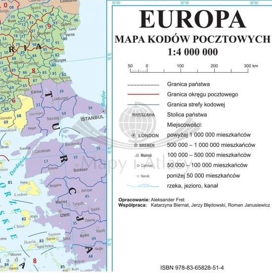 Europa 1:4 000 000. Arkusz, mapa ścienna. Kody pocztowe.  Legenda