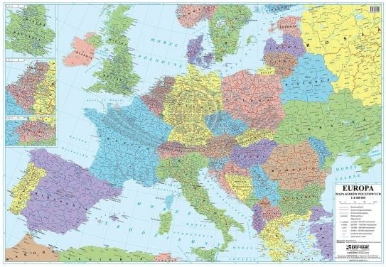 Europa 1:4 000 000. Naklejka, mapa ścienna. Kody pocztowe. Wydawnictwo: Eko-Graf