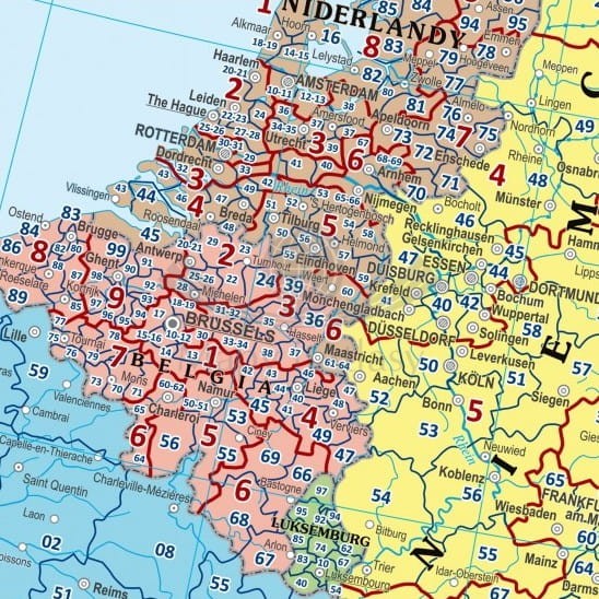 Europa 1:4 000 000. Naklejka, mapa ścienna. Kody pocztowe. Fragment 2