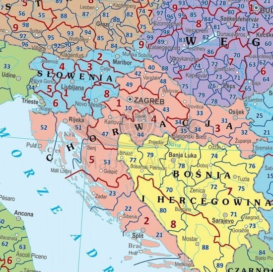 Europa 1:4 000 000. Naklejka, mapa ścienna. Kody pocztowe. Fragment 3