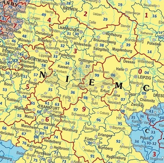 Europa 1:4 000 000. Naklejka, mapa ścienna. Kody pocztowe. Fragment 4