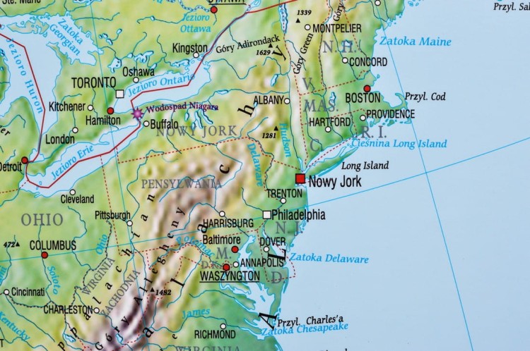 Ameryka Północna 1:7 480 000. Mapa ścienna fizyczna wydawnictwa Meridian. Fragment 1