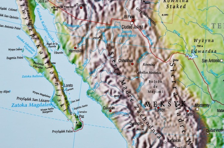 Ameryka Północna 1:7 480 000. Mapa ścienna fizyczna wydawnictwa Meridian. Fragment 4