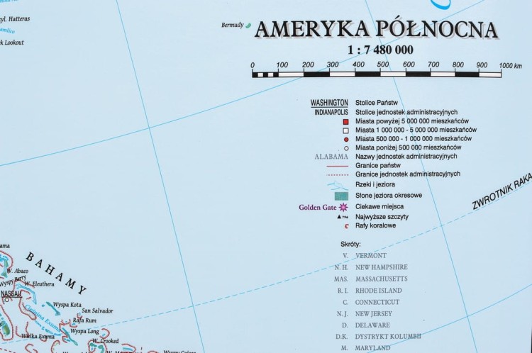 Ameryka Północna 1:7 480 000. Mapa ścienna fizyczna wydawnictwa Meridian. Legenda