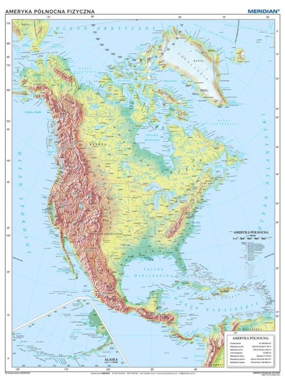 Ameryka Północna 1:7 480 000. Mapa ścienna fizyczna wydawnictwa Meridian