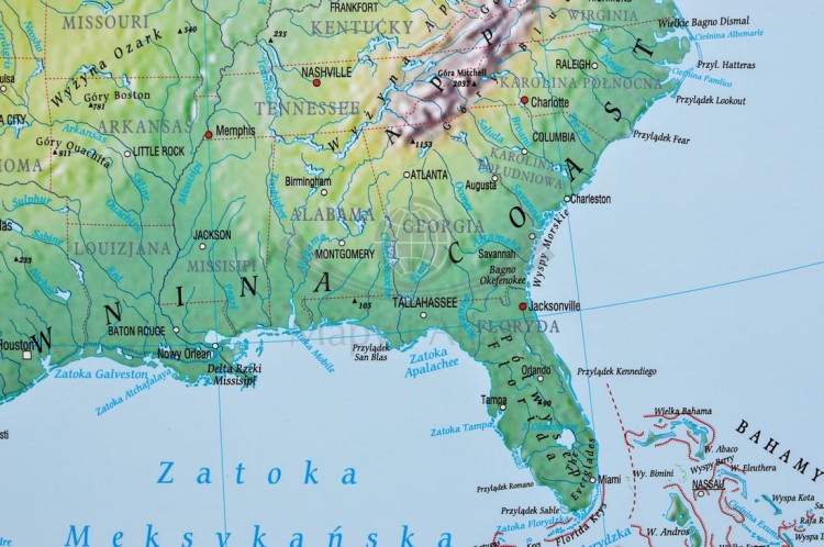 Ameryka Północna 1:5 600 000. Mapa ścienna fizyczna wydawnictwa Meridian. Fragment 2