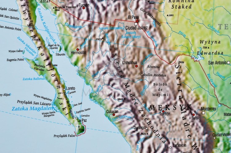 Ameryka Północna 1:5 600 000. Mapa ścienna fizyczna wydawnictwa Meridian. Fragment 4