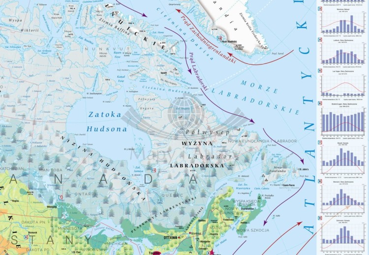 Ameryka Północna i Środkowa 1:5 600 000. Mapa ścienna krajobrazowa wydawnictwa Meridian. Fragment 1