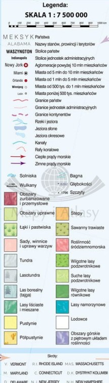 Ameryka Północna i Środkowa 1:5 600 000. Mapa ścienna krajobrazowa wydawnictwa Meridian. Legenda