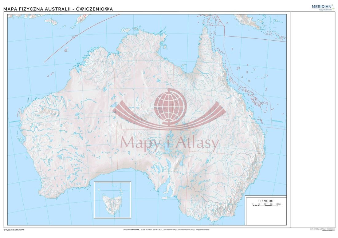 Australia 1:3 500 000. Mapa ścienna konturowa (do ćwiczeń). Drewniane półwałki