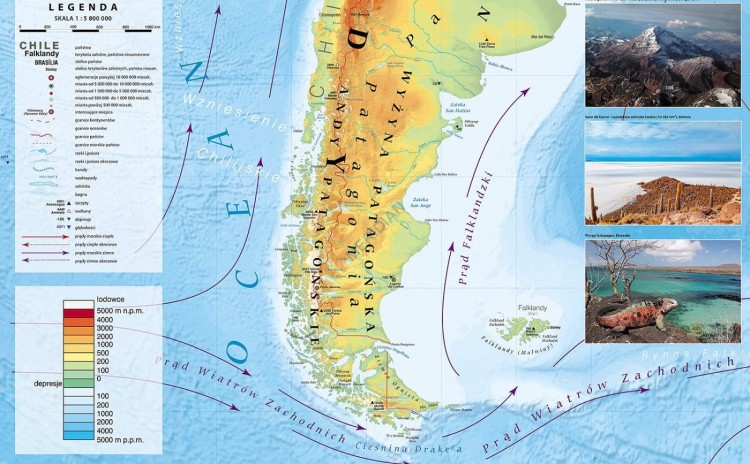 Ameryka Południowa 1:4 700 000. Mapa ścienna fizyczna. Fragment