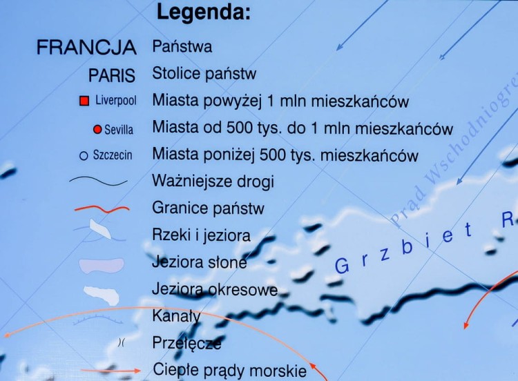 Europa 1:4 000 000. Mapa ścienna fizyczna wydawnictwa Meridian. Legenda