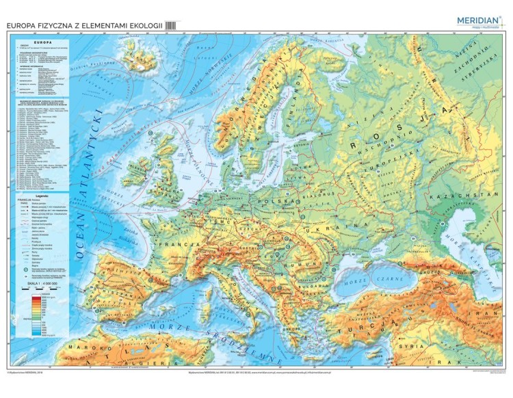 Europa 1:4 000 000. Mapa ścienna fizyczna z elementami ekologii wydawnictwa Meridian