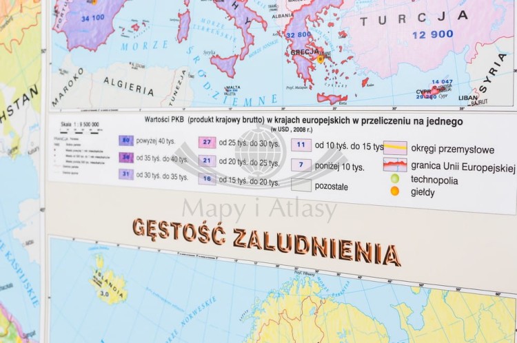 Europa gospodarcza 1:3 600 000. Mapa ścienna wydawnictwa Meridian. Kartony boczne - fragment