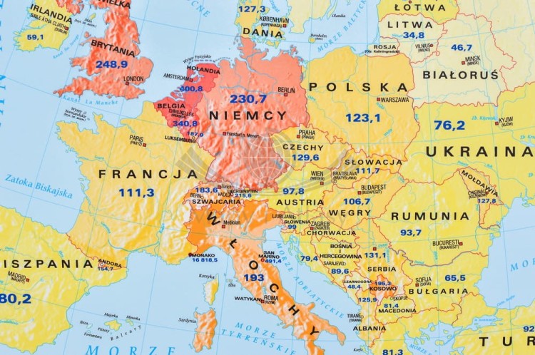 Europa gospodarcza 1:3 600 000. Mapa ścienna wydawnictwa Meridian. PKB - fragment