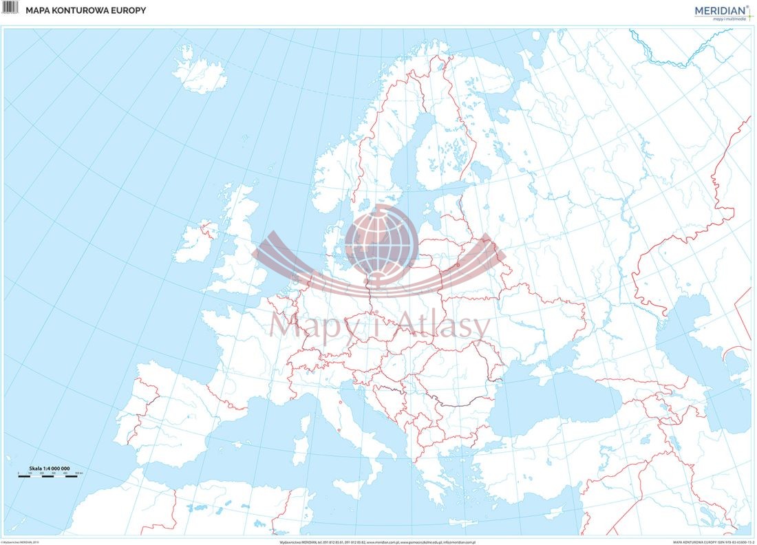 Europa 1:4 000 000. Mapa ścienna konturowa (do ćwiczeń) + komplet 4 markerów. Drewniane półwałki
