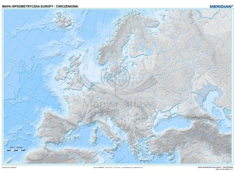 Europa 1:4 000 000. Mapa ścienna konturowa, hipsometryczna (ćwiczeniowa) wydawnictwa Meridian