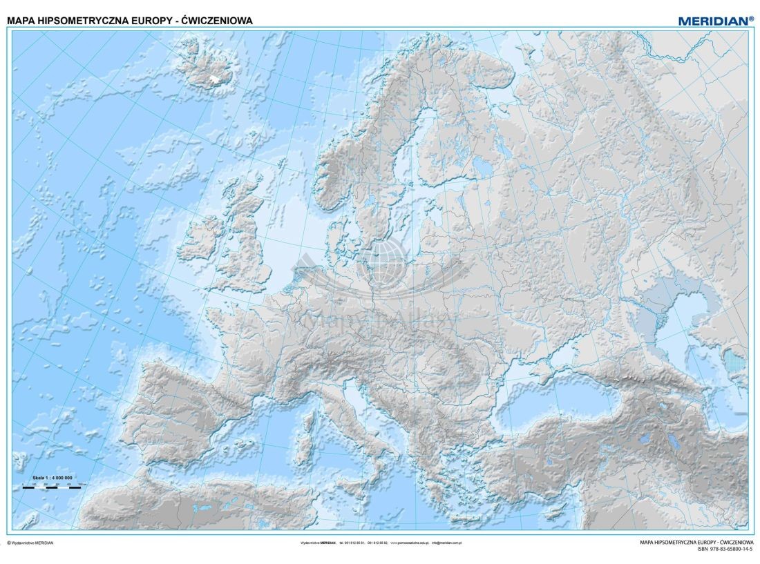 Europa 1:3 200 000. Mapa ścienna konturowa, hipsometryczna (ćwiczeniowa) + komplet 4 markerów. Drewniane półwałki