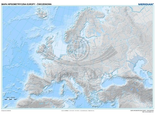 Europa 1:3 200 000. Mapa ścienna konturowa, hipsometryczna (ćwiczeniowa) wydawnictwa Meridian