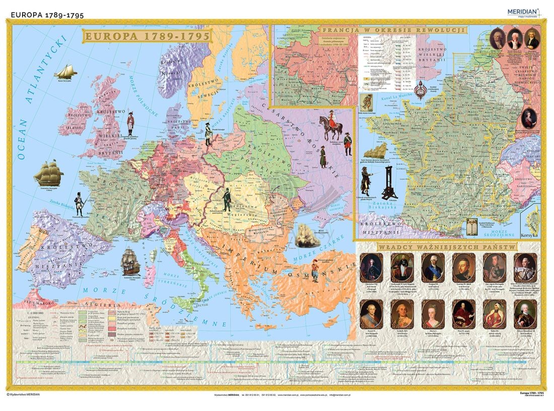Europa w latach 1789-95 / Francja w okresie rewolucji. Mapa ścienna 200 x 150 cm. Drewniane półwałki