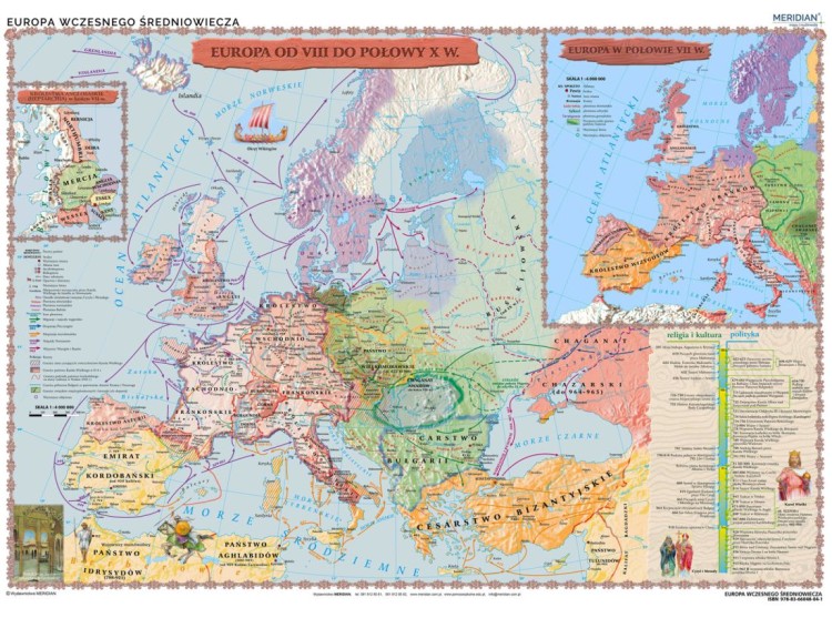 Europa wczesnośredniowieczna (od VIII wieku do połowy X). Mapa ścienna wydawnictwa Meridian