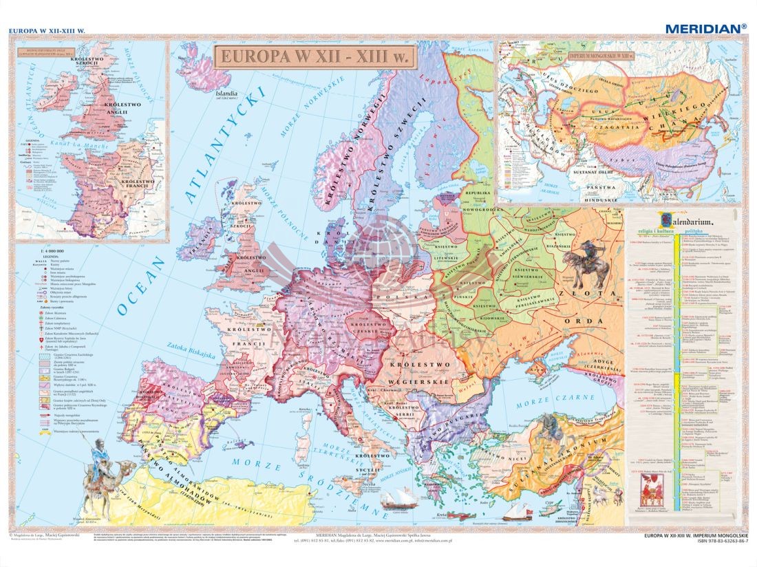 Europa XII-XIII w. i Imperium mongolskie w XIII w. Mapa ścienna 200 x 150 cm. Drewniane półwałki