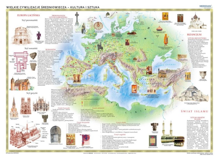Europa. Wielkie cywilizacje średniowiecza - kultura i sztuka. Mapa ścienna wydawnictwa Meridian
