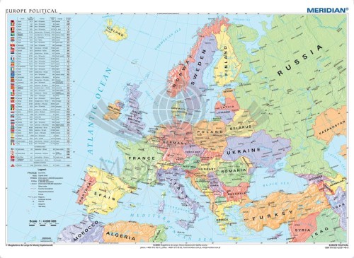 Europe political map / Europa 1:4 000 000. Mapa ścienna polityczna w języku angielskim wydawnictwa Meridian