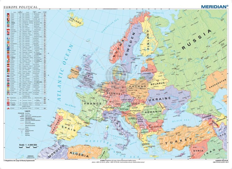 Europe political map / Europa 1:4 000 000. Mapa ścienna polityczna w języku angielskim wydawnictwa Meridian