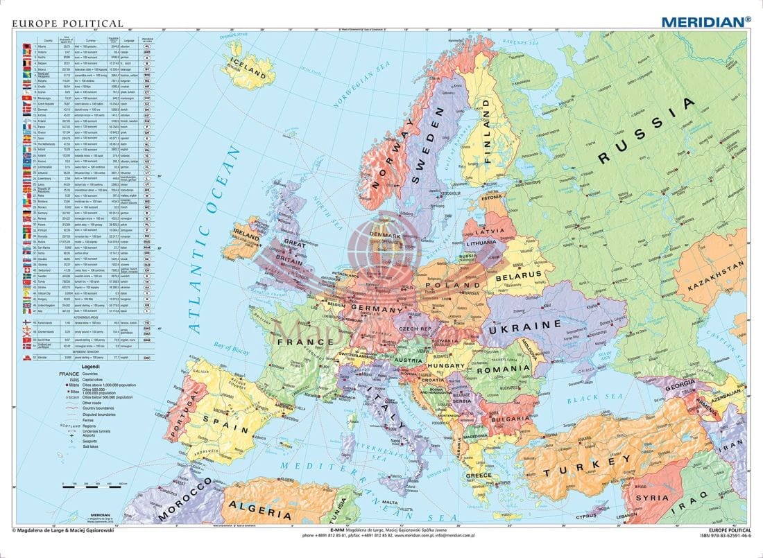 Europe political map / Europa 1:3 200 000. Mapa ścienna polityczna. Język angielski. Drewniane półwałki