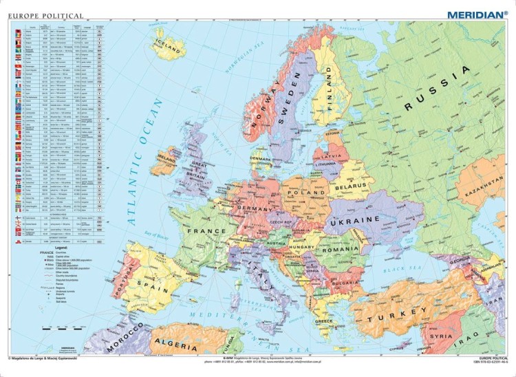 Europe political map / Europa 1:3 200 000. Mapa ścienna polityczna w języku angielskim wydawnictwa Meridian