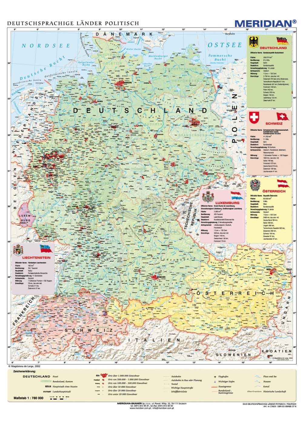Kraje niemieckojęzyczne 1:780 000. Niemcy, Austria, Szwajcaria. Mapa ścienna administracyjna, w języku niemieckim. Drewniane półwałki