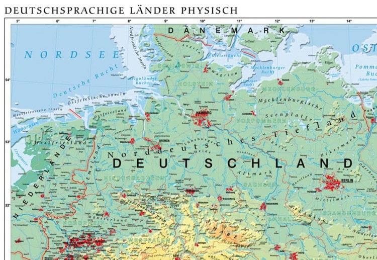 Kraje niemieckojęzyczne 1:600 000. Mapa ścienna fizyczna, w języku niemieckim wydawnictwa Meridian. Fragment 1