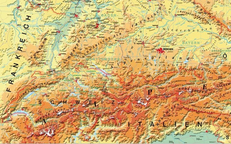 Kraje niemieckojęzyczne 1:600 000. Mapa ścienna fizyczna, w języku niemieckim wydawnictwa Meridian. Fragment 2