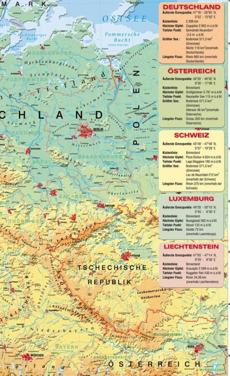 Kraje niemieckojęzyczne 1:600 000. Mapa ścienna fizyczna, w języku niemieckim wydawnictwa Meridian. Fragment 3