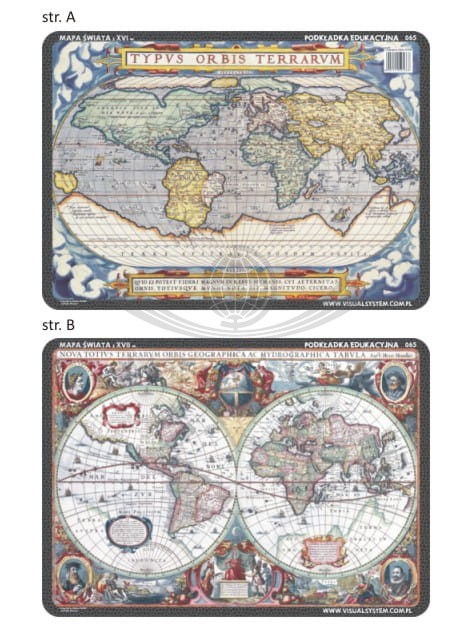 Świat. Mapa z XVI i XVII wieku. Dwustronna podkładka edukacyjna 065