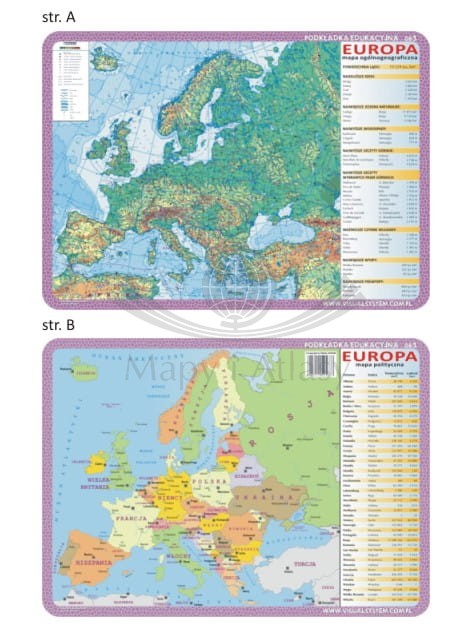 Europa. Mapa polityczna i fizyczna. Dwustronna podkładka edukacyjna