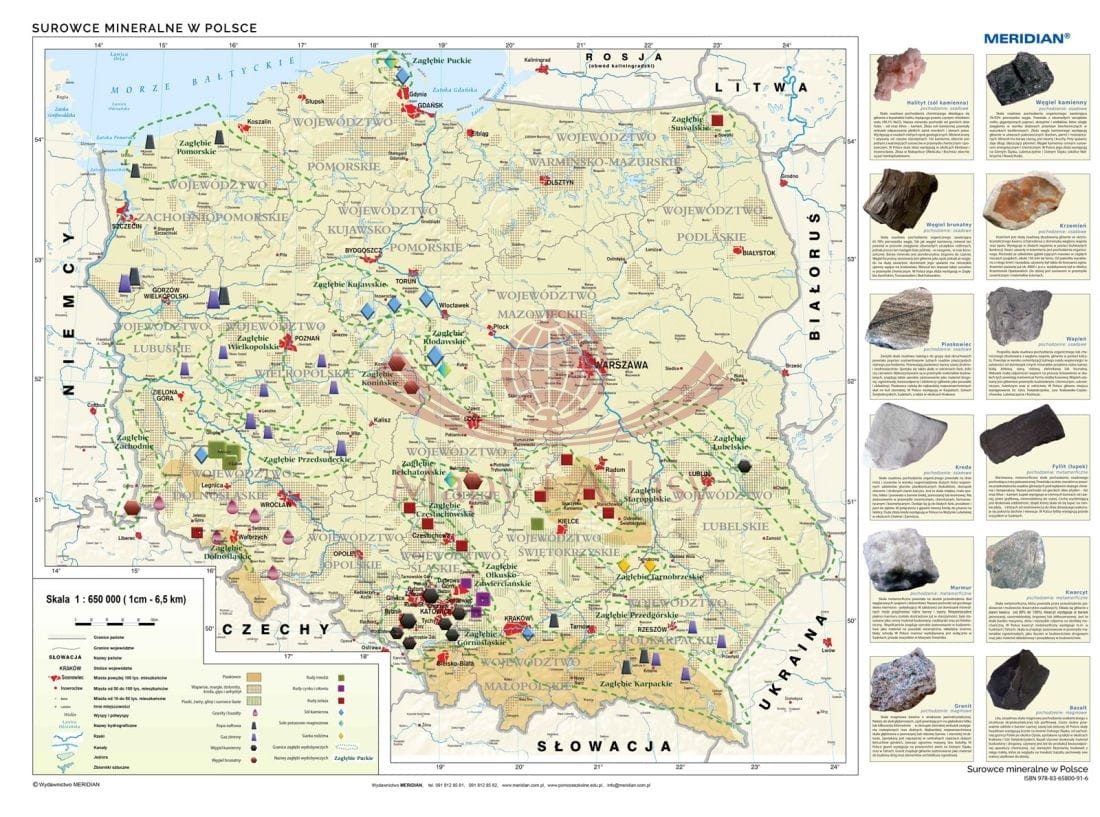 Polska / Surowce mineralne w Polsce 1:650 000. Mapa ścienna. Drewniane półwałki