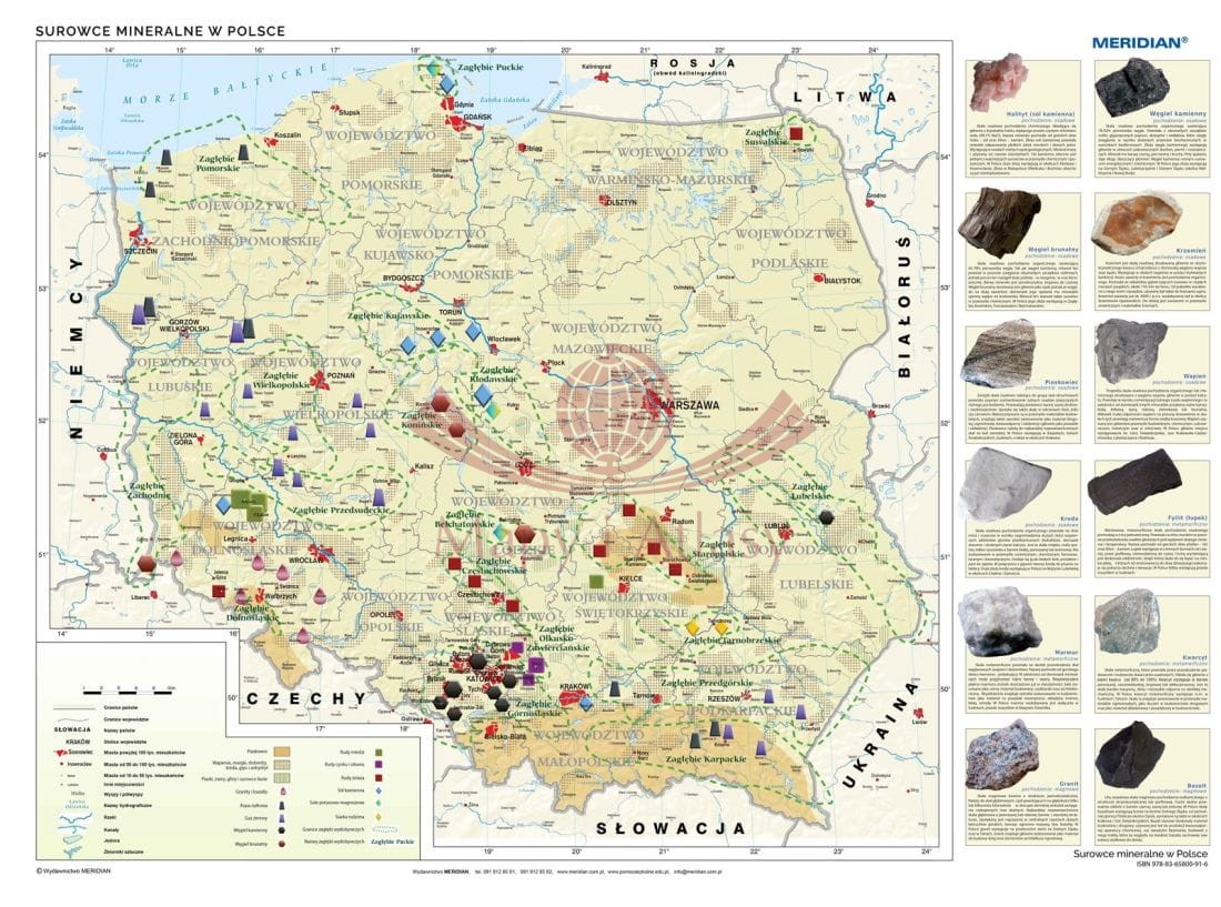 Polska / Surowce mineralne w Polsce 1:550 000. Mapa ścienna. Drewniane półwałki