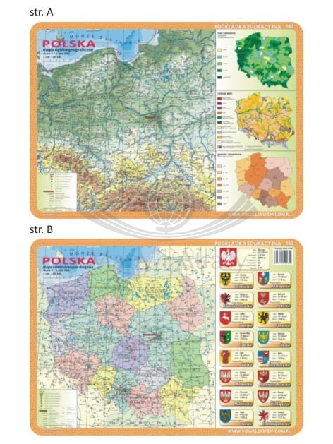 Polska. Mapa ogólnogeograficzna i administracyjno-drogowa. Dwustronna podkładka edukacyjna 062