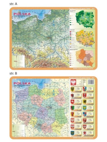 Polska. Mapa ogólnogeograficzna i administracyjno-drogowa. Dwustronna podkładka edukacyjna