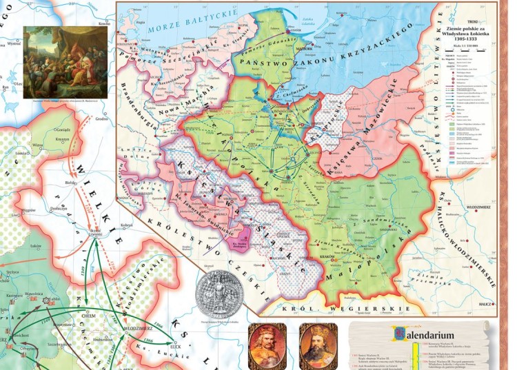 Ziemie polskie za Władysława Łokietka i Kazimierza Wielkiego. Mapa ścienna wydawnictwa Meridian. Fragment 2